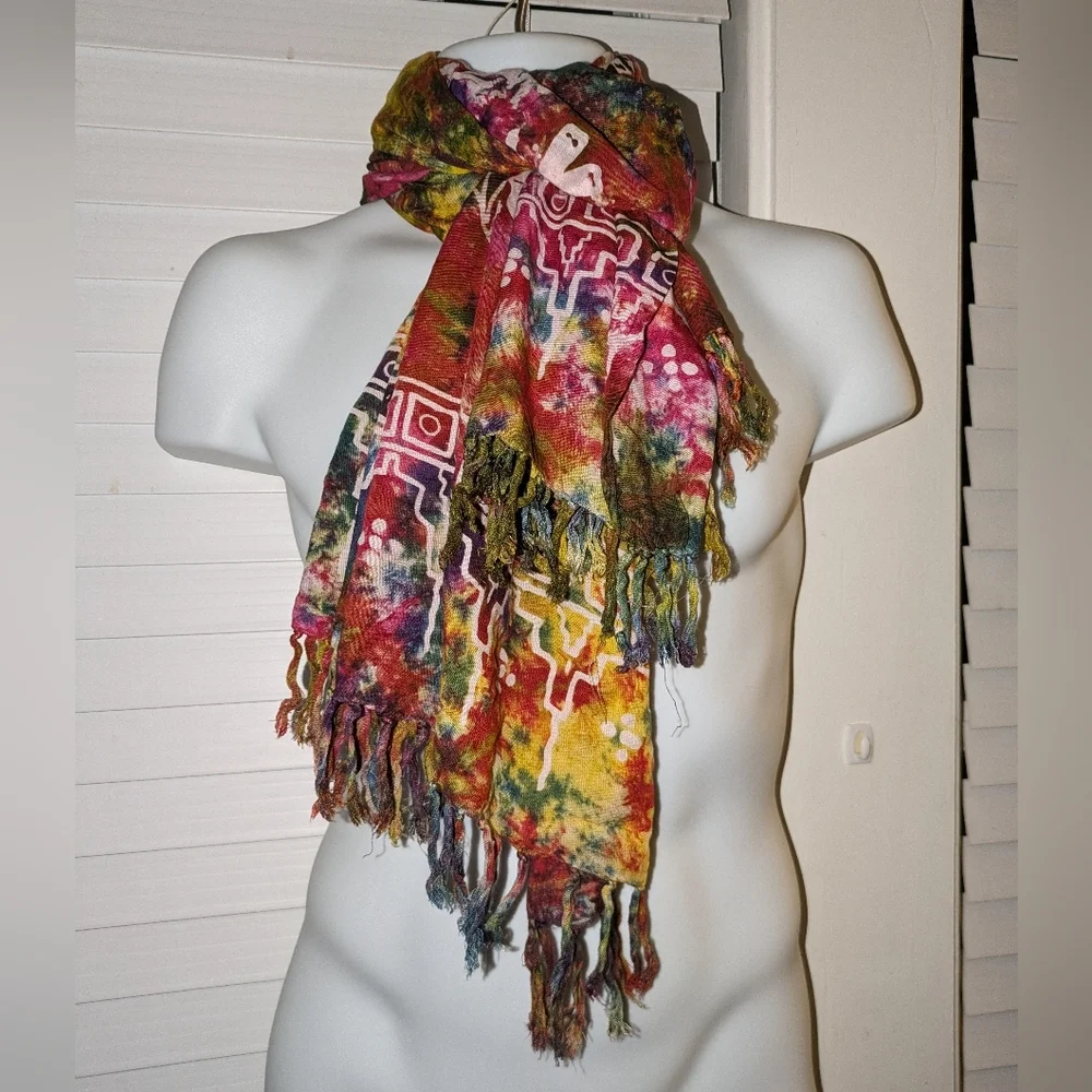Indigo Blue multicolor tie-dye floral and tribal shawl / wrap. EUC. OS